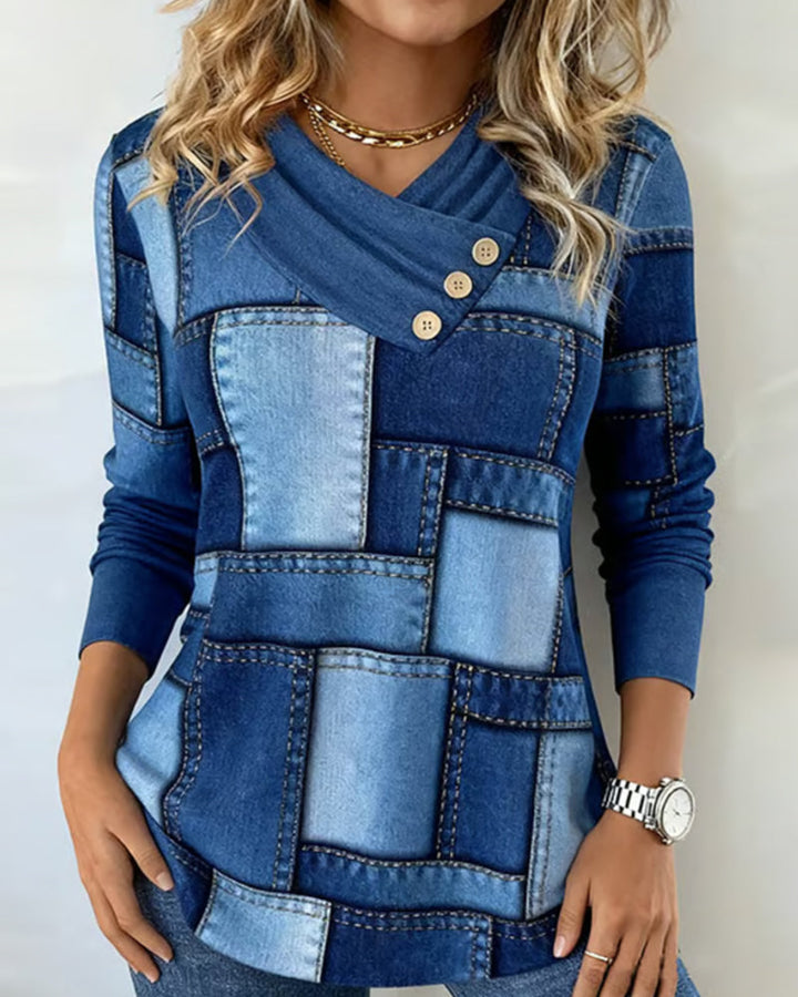 Long Sleeve V-Neck Top with Solid Contrast