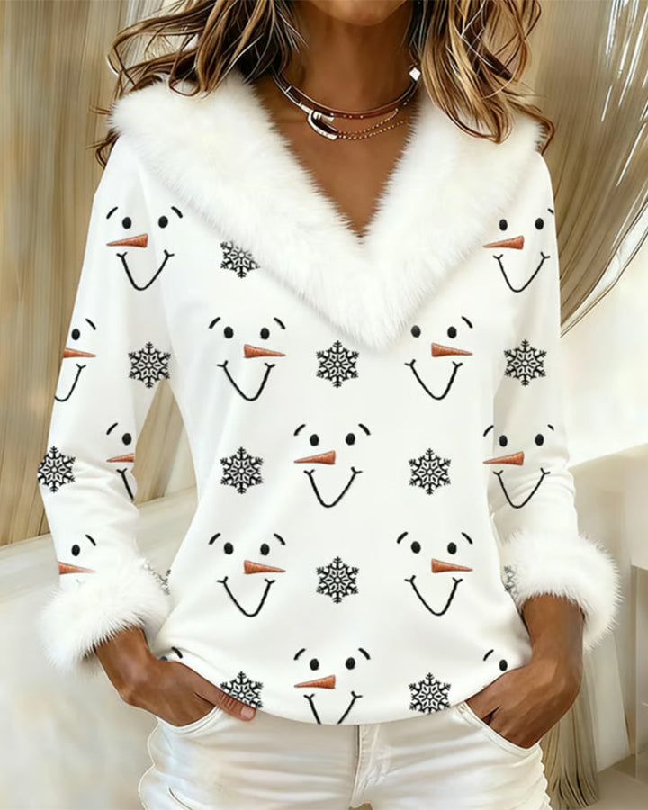 Trendy Printed Fur Collar Top