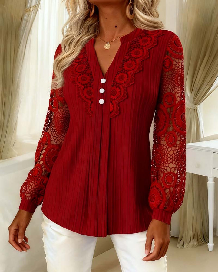 Lace Blouse with Panels Long Sleeves V-Neck