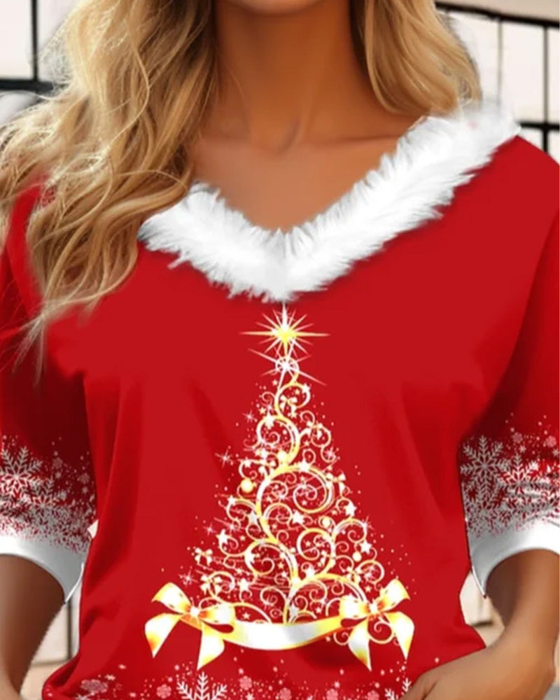 Fluffy Top with V-Neck and Christmas Tree Print