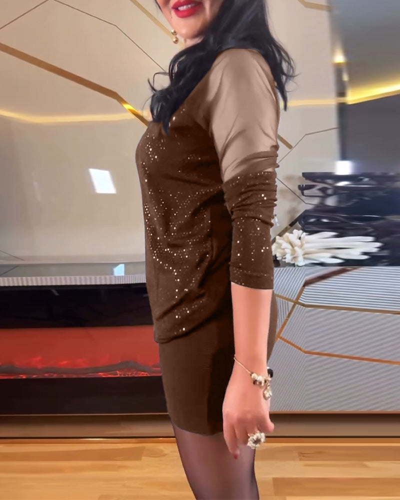 Top sexy V-neck in solid color knit and sequins