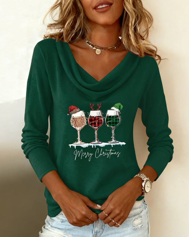 Layered Collar Top with Wine Glass Print