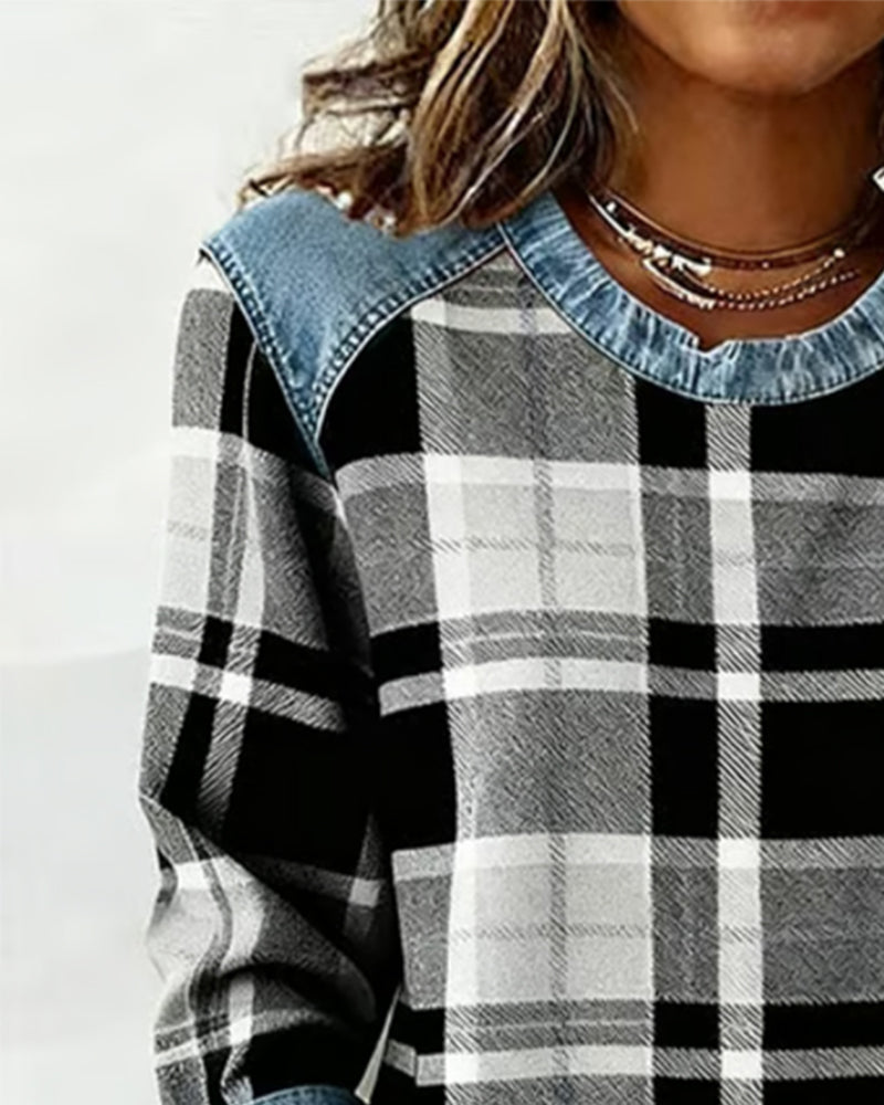 Blue | Sweatshirt with Checkered Patchwork