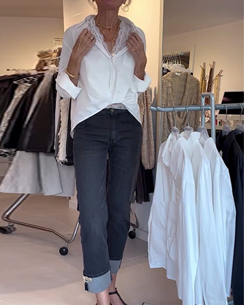 Shirt and Lace Underwear Set Solid Color Long Sleeves