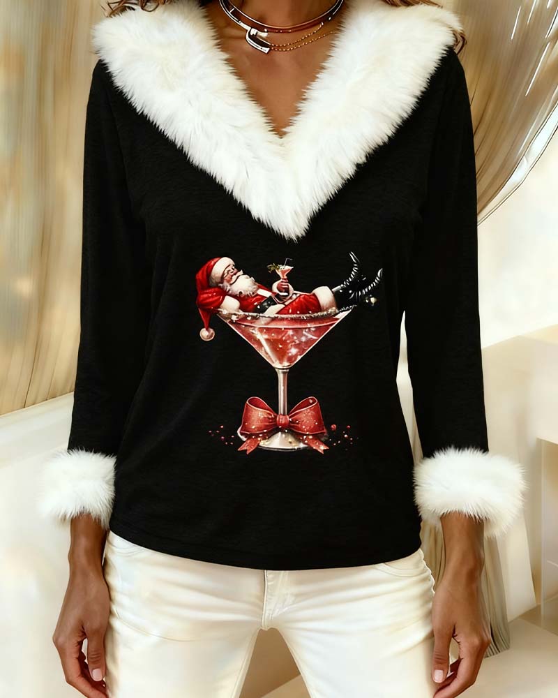 Faux Fur Trim Christmas Sweater Top
