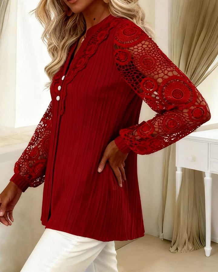 Lace Blouse with Panels Long Sleeves V-Neck