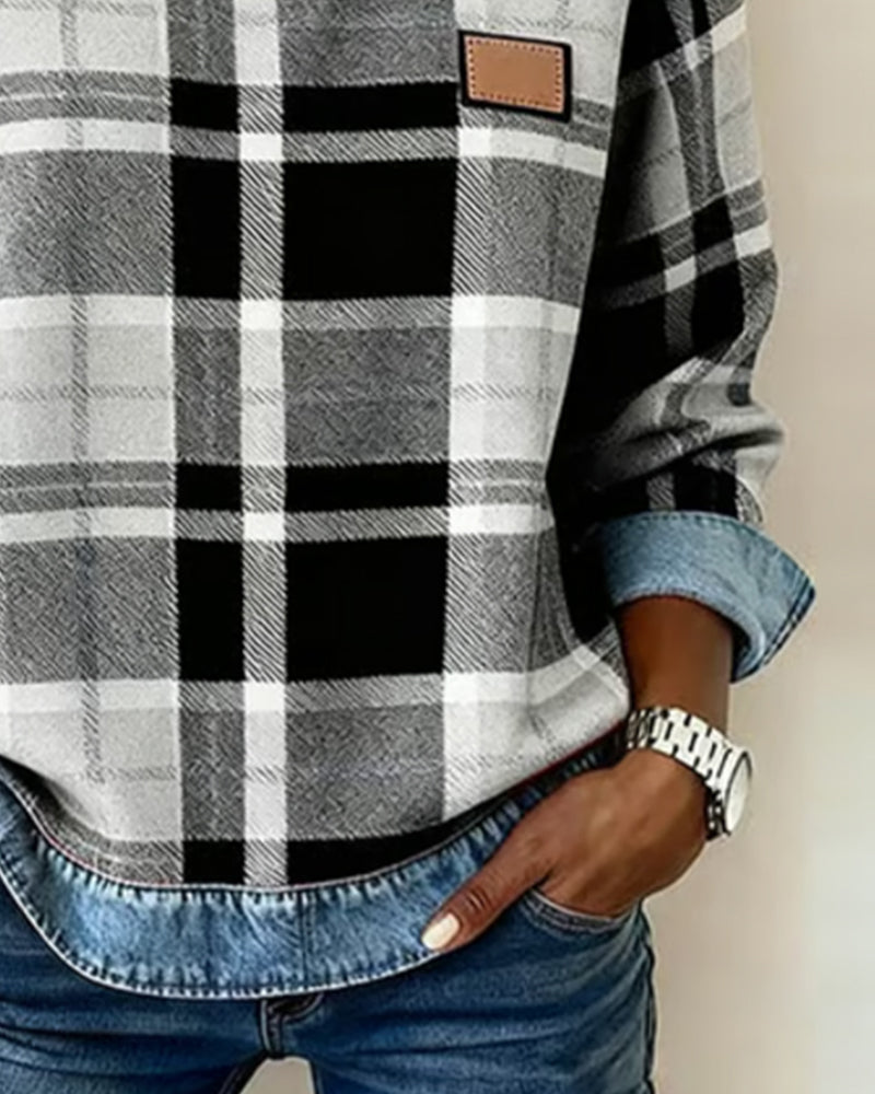 Blue | Sweatshirt with Checkered Patchwork