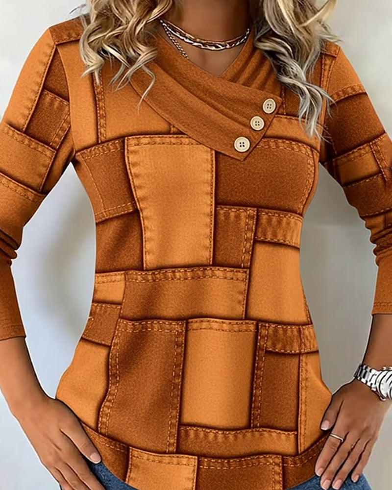 Long Sleeve V-Neck Top with Solid Contrast