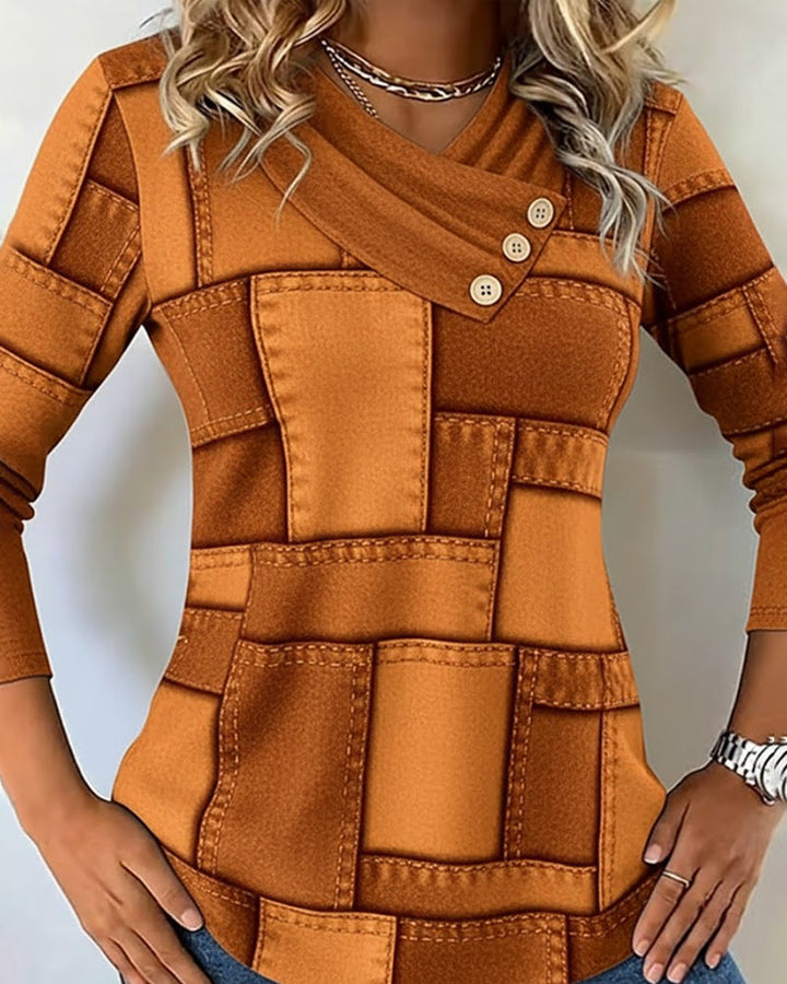 Long Sleeve V-Neck Top with Solid Contrast