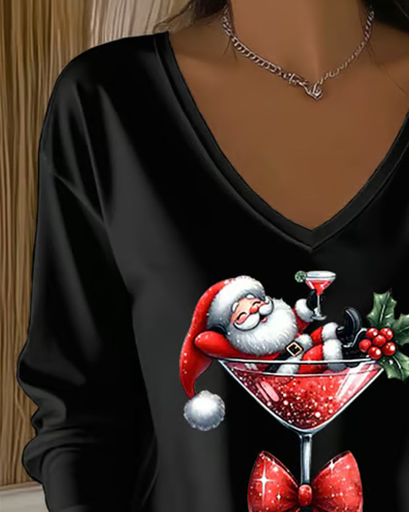 Loose V-Neck Top with Christmas Wine Glass Print