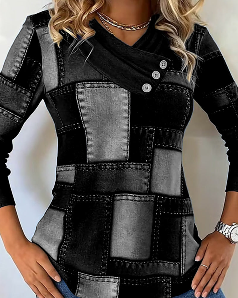 Long Sleeve V-Neck Top with Solid Contrast