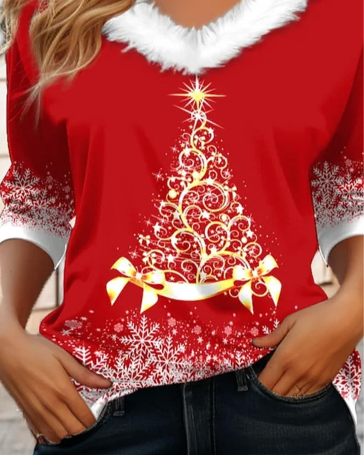 Fluffy Top with V-Neck and Christmas Tree Print