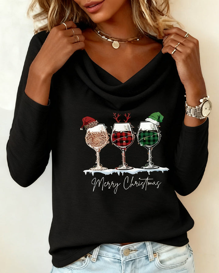 Layered Collar Top with Wine Glass Print