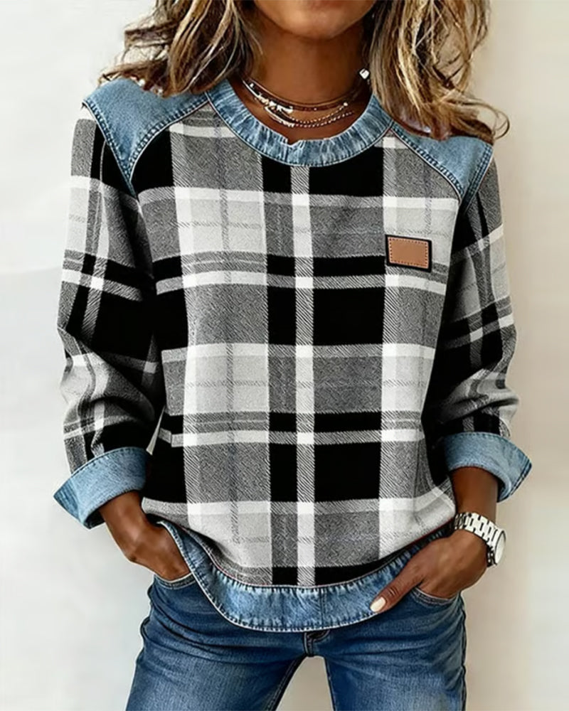 Trendy Checkered Patchwork Sweatshirt