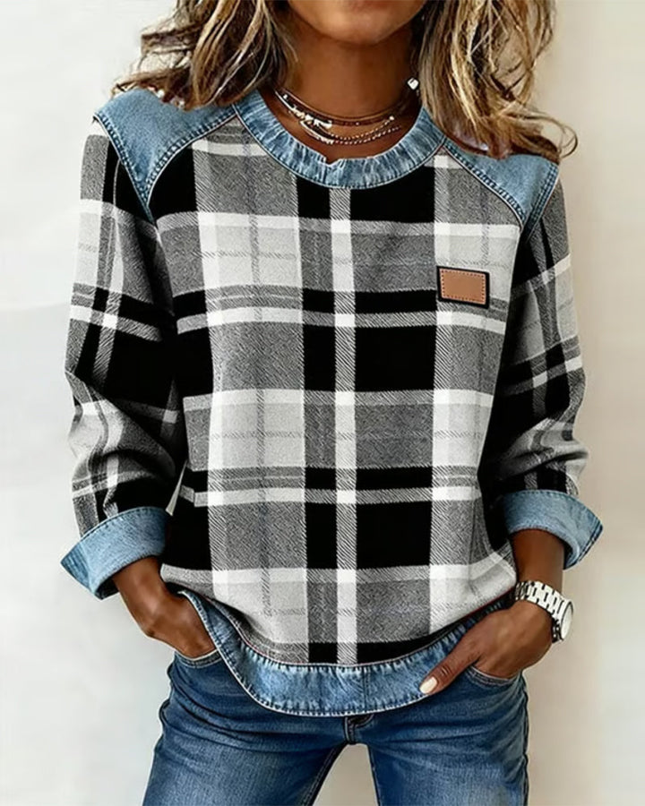 Blue | Sweatshirt with Checkered Patchwork