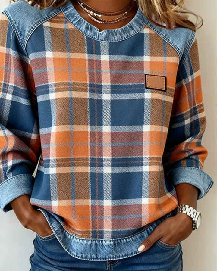 Blue | Sweatshirt with Checkered Patchwork