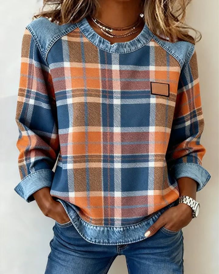 Blue | Sweatshirt with Checkered Patchwork