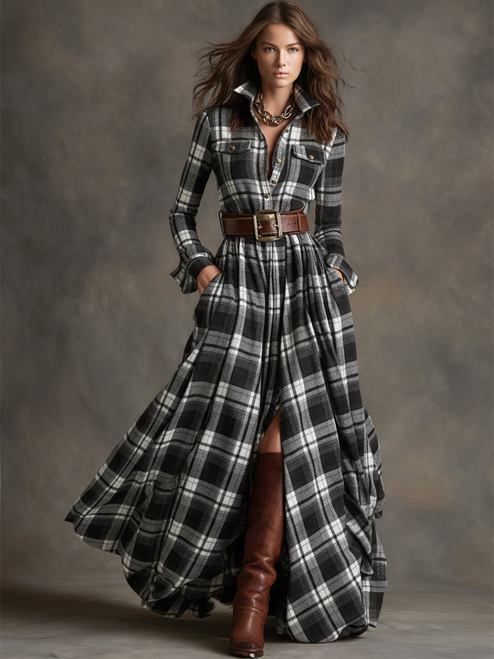 Monica | Brown Plaid Maxi Dress (With Belt)