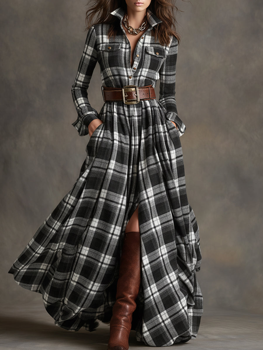 Monica | Brown Plaid Maxi Dress (With Belt)