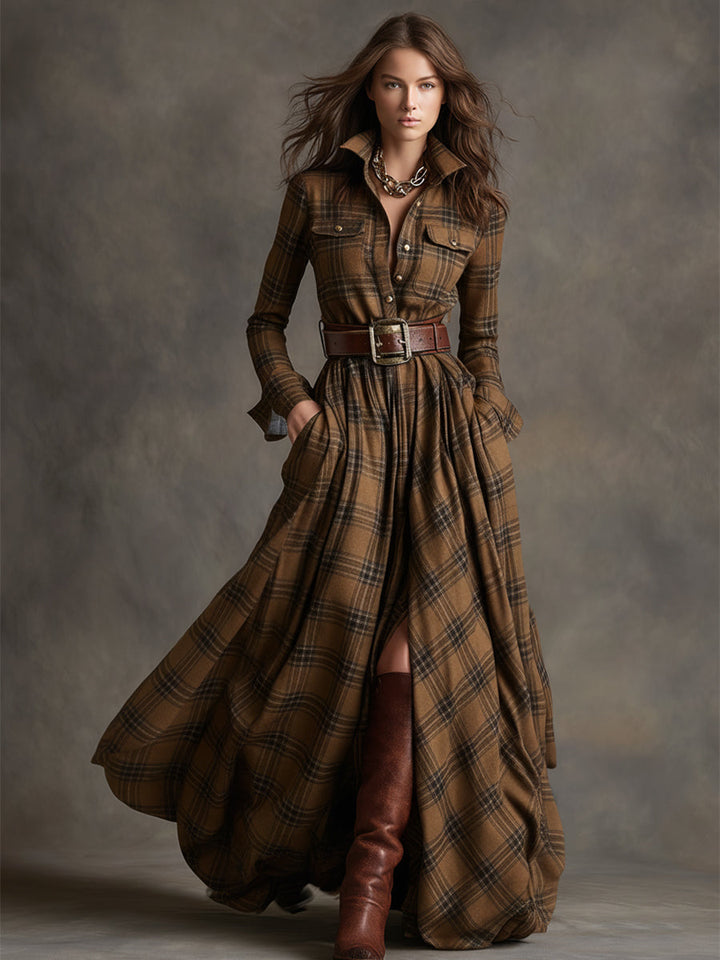 Monica | Brown Plaid Maxi Dress (With Belt)
