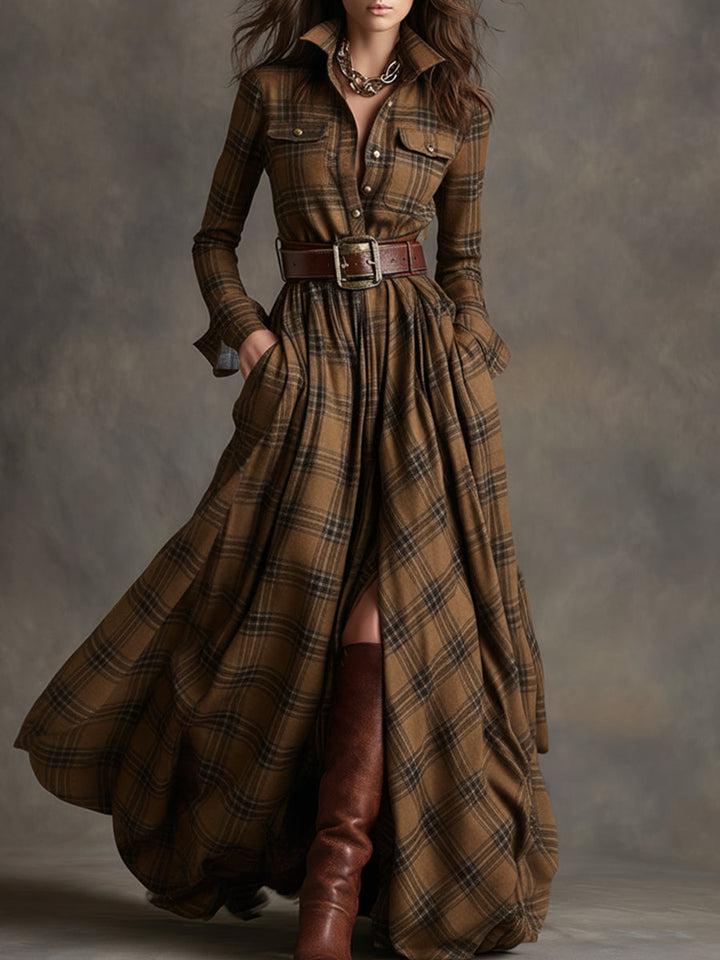 Monica | Brown Plaid Maxi Dress (With Belt)