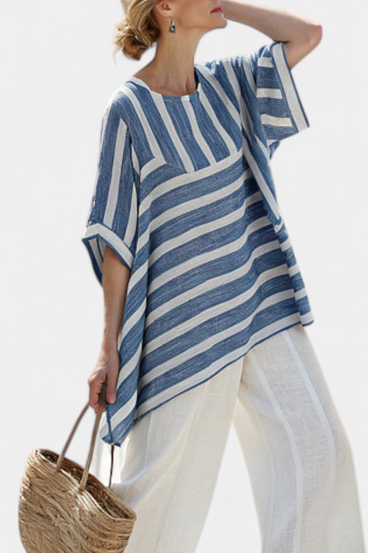 Corvielle | Sophisticated Blue Striped Top & Hem-Detailed Pants