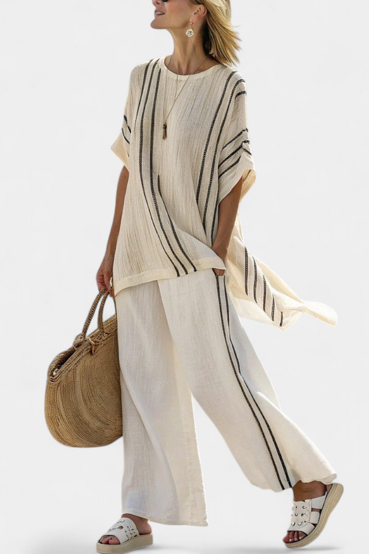 Greysen | Elegant Ivory Linen Blouse & Black Striped Pants