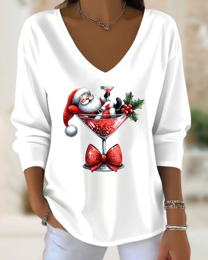 Loose V-Neck Top with Christmas Wine Glass Print
