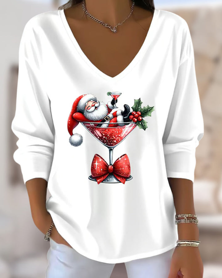 Loose V-Neck Top with Christmas Wine Glass Print