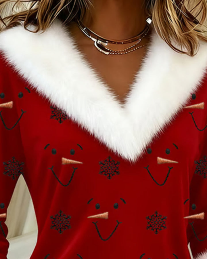 Trendy Printed Fur Collar Top