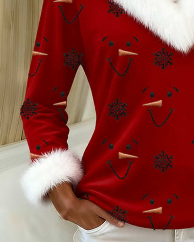 Trendy Printed Fur Collar Top