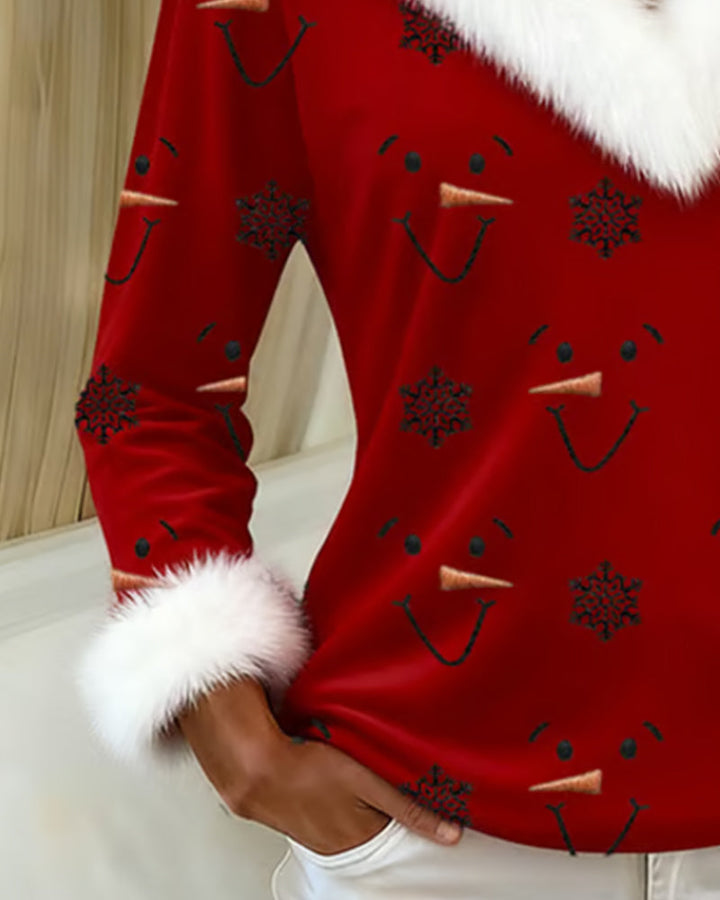 Trendy Printed Fur Collar Top