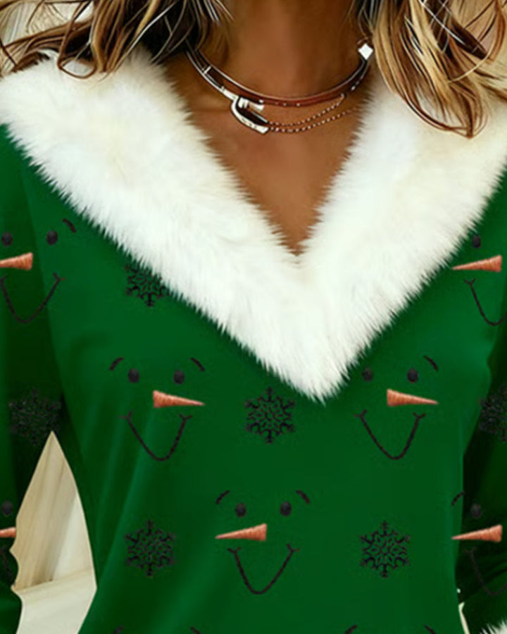 Trendy Printed Fur Collar Top