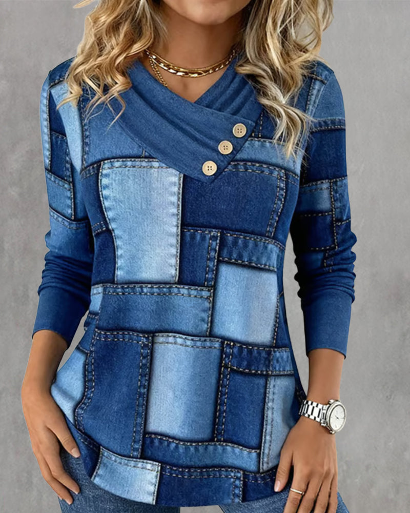 Long Sleeve V-Neck Top with Solid Contrast