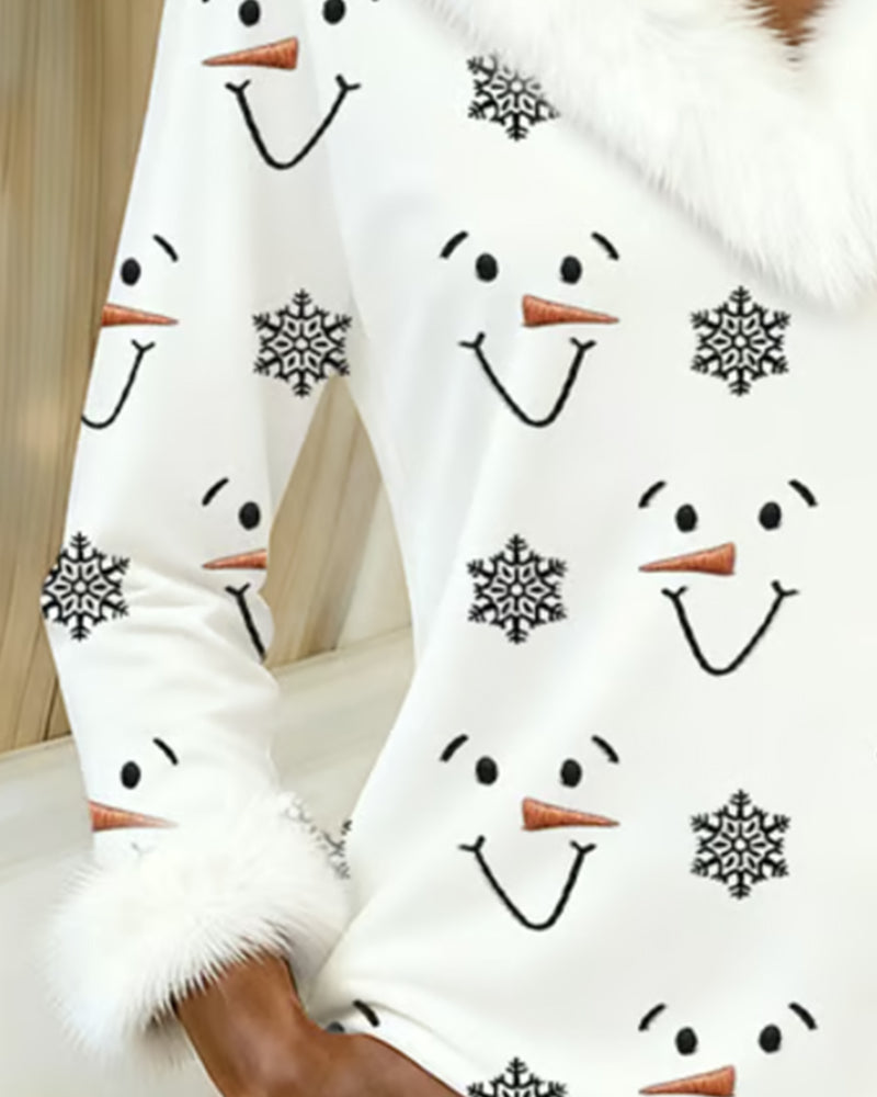 Trendy Printed Fur Collar Top