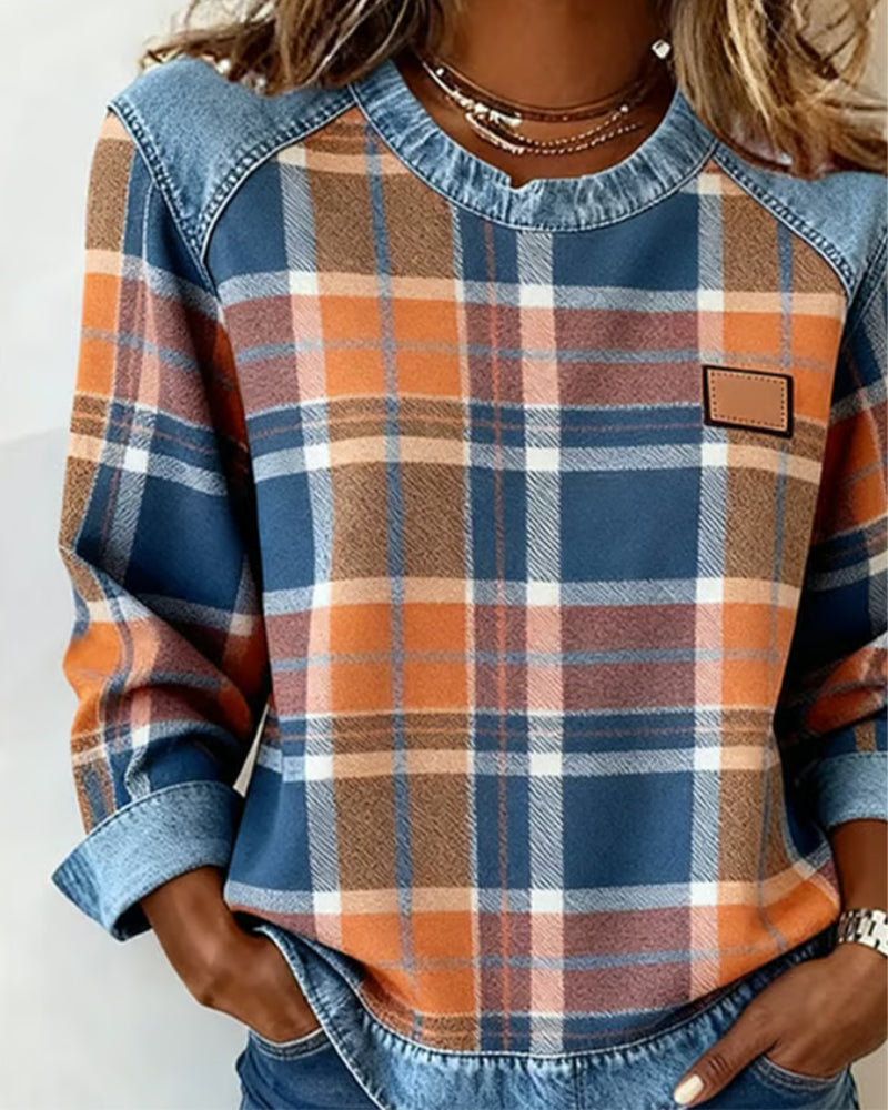 Blue | Sweatshirt with Checkered Patchwork