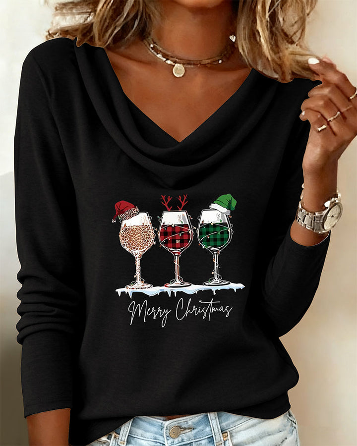 Layered Collar Top with Wine Glass Print
