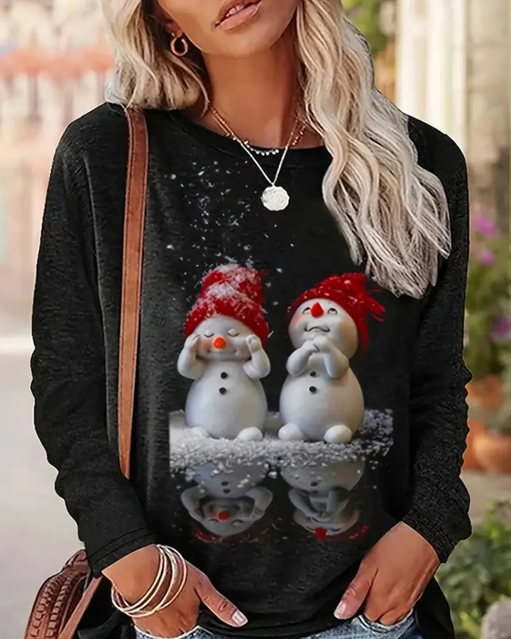 Casual Long Sleeve Crew Neck Top with Snowman Print