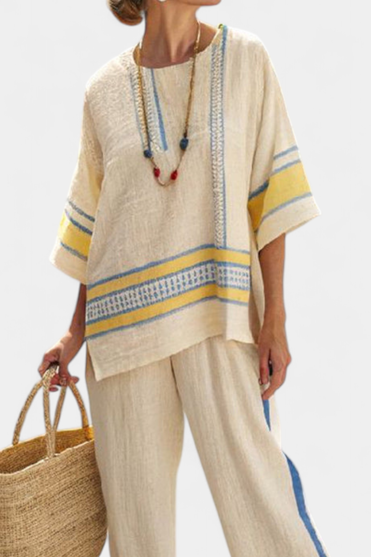 Jaxmere | Comfortable Blue-Yellow Mediterranean Top & Linen Pants