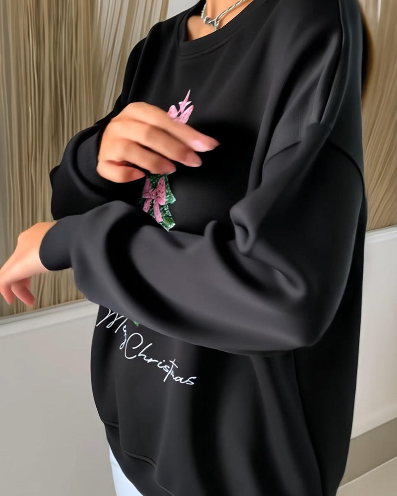Round Neck Long Sleeve Christmas Printed Sweatshirt